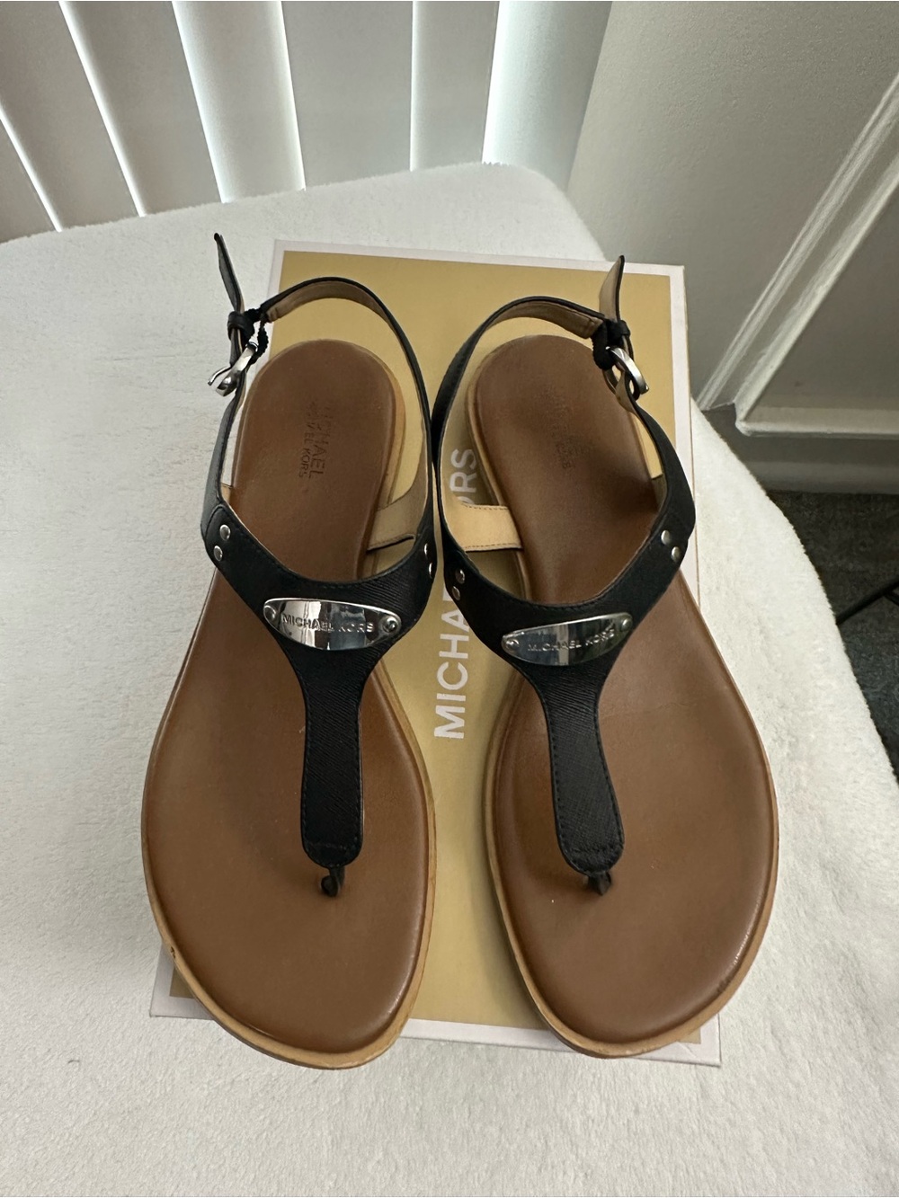 Michael Kors Black Leather Sandals with Silver MK Logo Plate | Size 8.5M